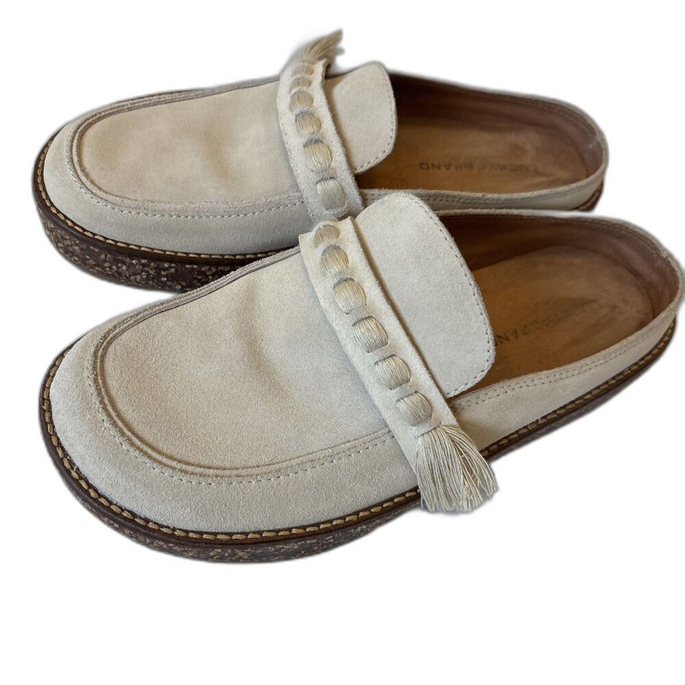 Lucky Brand Taniae Leather Mules Loafers Ivory Cream Tassel 6.5 M 37 Preppy Boho